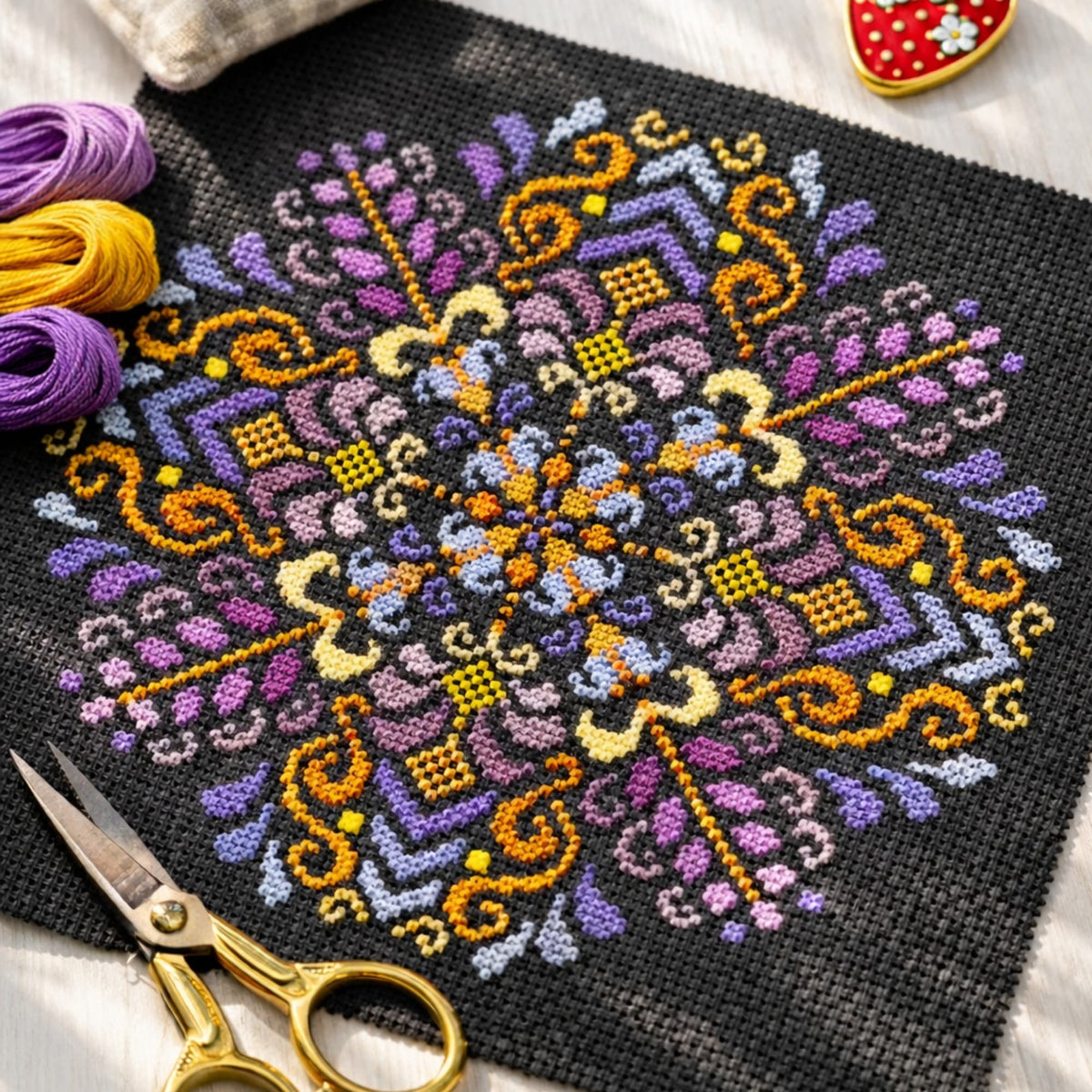 Cross Stitch Pattern Purple Folk Ornament PDF – detailed heritage folk mandala inspired by Moldovan traditional symbolism, premium geometric cross stitch shown on black fabric with embroidery tools, luxury handcrafted embroidery example.