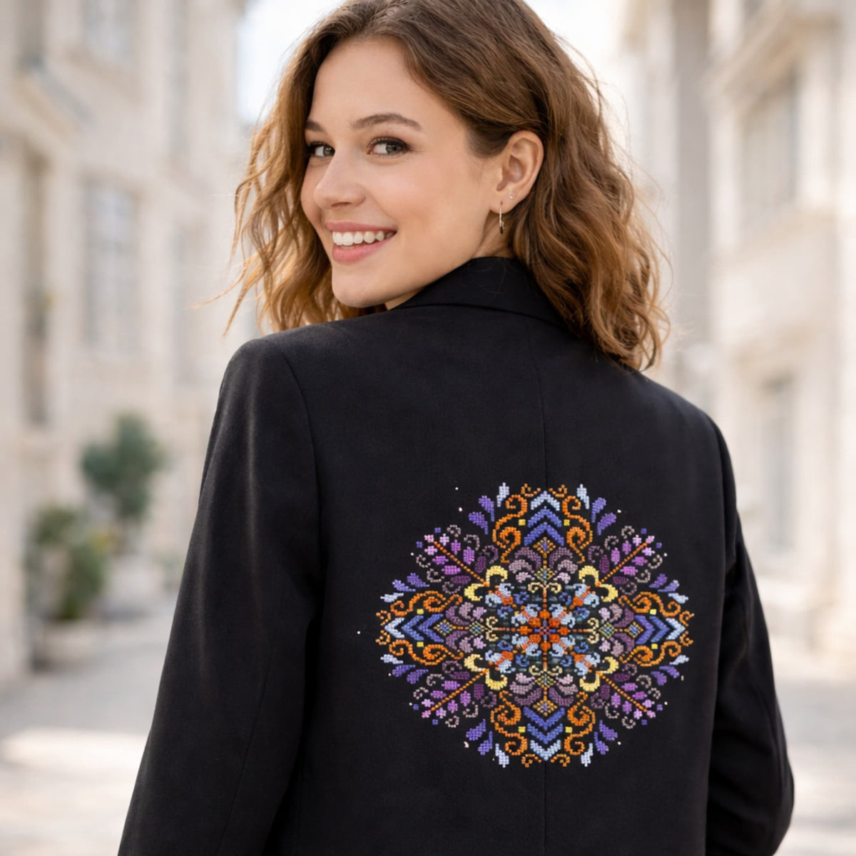 Cross Stitch Pattern Purple Folk Ornament PDF – modern wearable embroidery design inspired by Moldovan heritage and traditional folk symbolism, luxury geometric mandala stitched on black blazer back, premium cultural cross stitch artwork.
