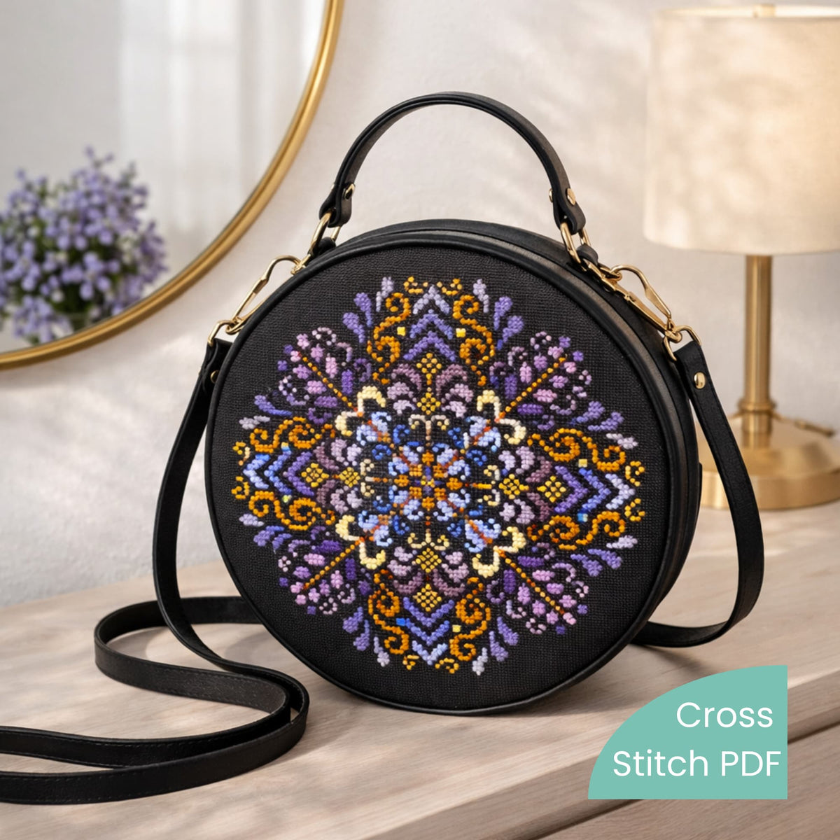 Cross Stitch Pattern Purple Folk Ornament PDF – premium heritage embroidery inspired by Eastern European folk art and symbolic Moldovan design, detailed mandala motif shown stitched on a round black crossbody bag, luxury modern folk embroidery example.