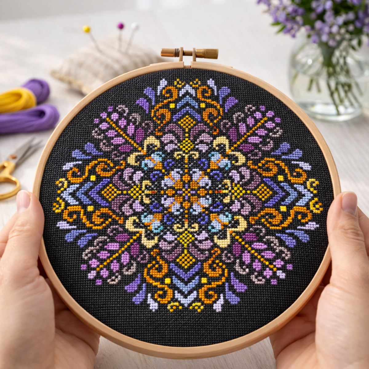 Cross Stitch Pattern Purple Folk Ornament PDF – premium heritage embroidery inspired by Moldovan folk culture and symbolic ornamental geometry, detailed mandala stitched in hoop, luxury cultural cross stitch artwork.