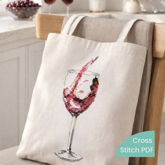 Cross Stitch Pattern Wine Glass PDF – Elegant Wine Embroidery Pattern, Vineyard Needlework Design stitched on natural linen tote bag