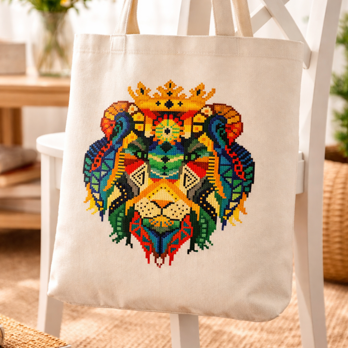 Cross stitch Lion King embroidery design stitched on beige tote bag, colorful crowned lion geometric pattern, handmade embroidery project example from cross stitch kit.