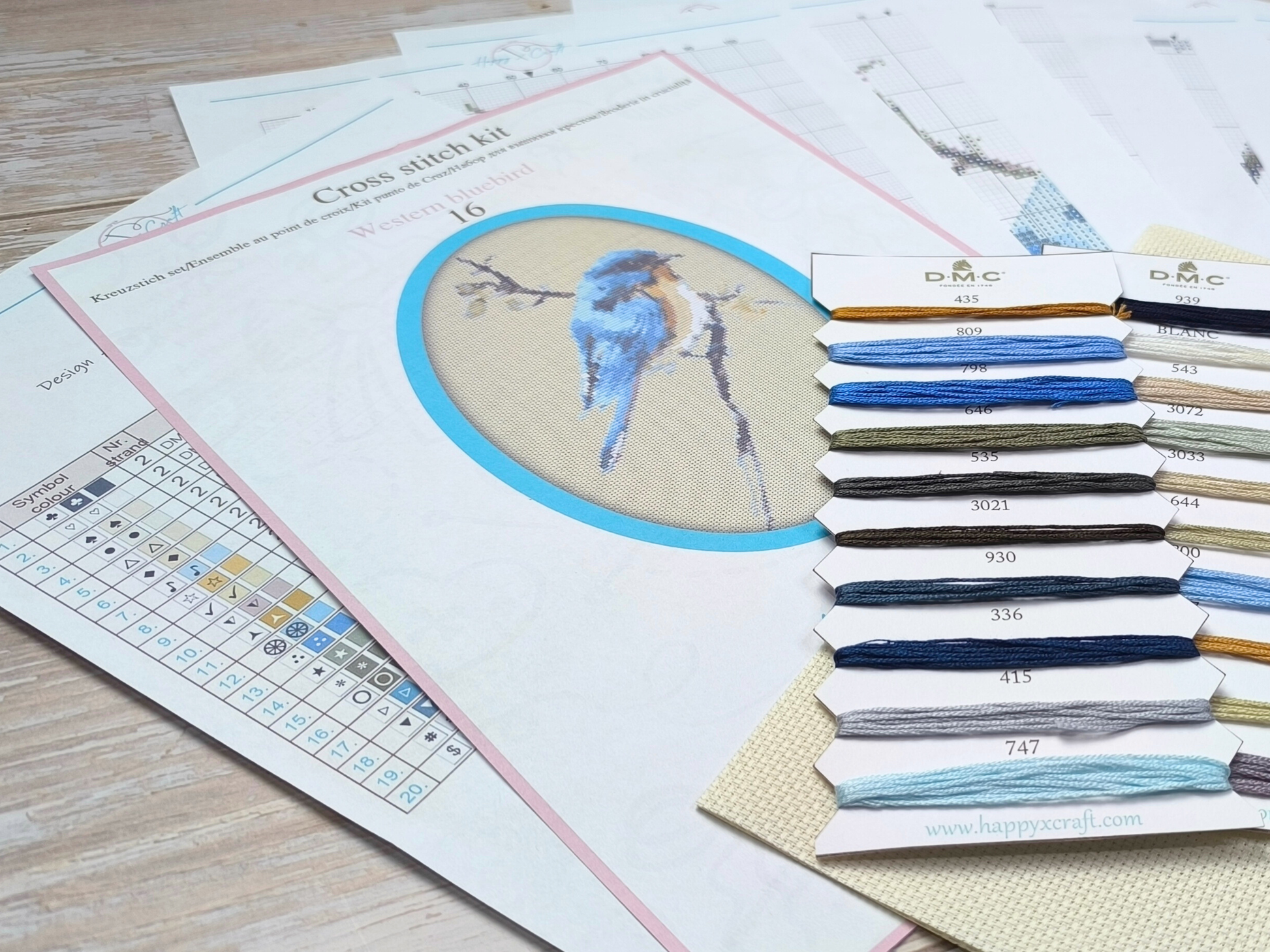 Western bluebird cross stitch kit with full printed pattern, DMC thread organizer, Aida fabric, needles, and detailed color charts for embroidery.