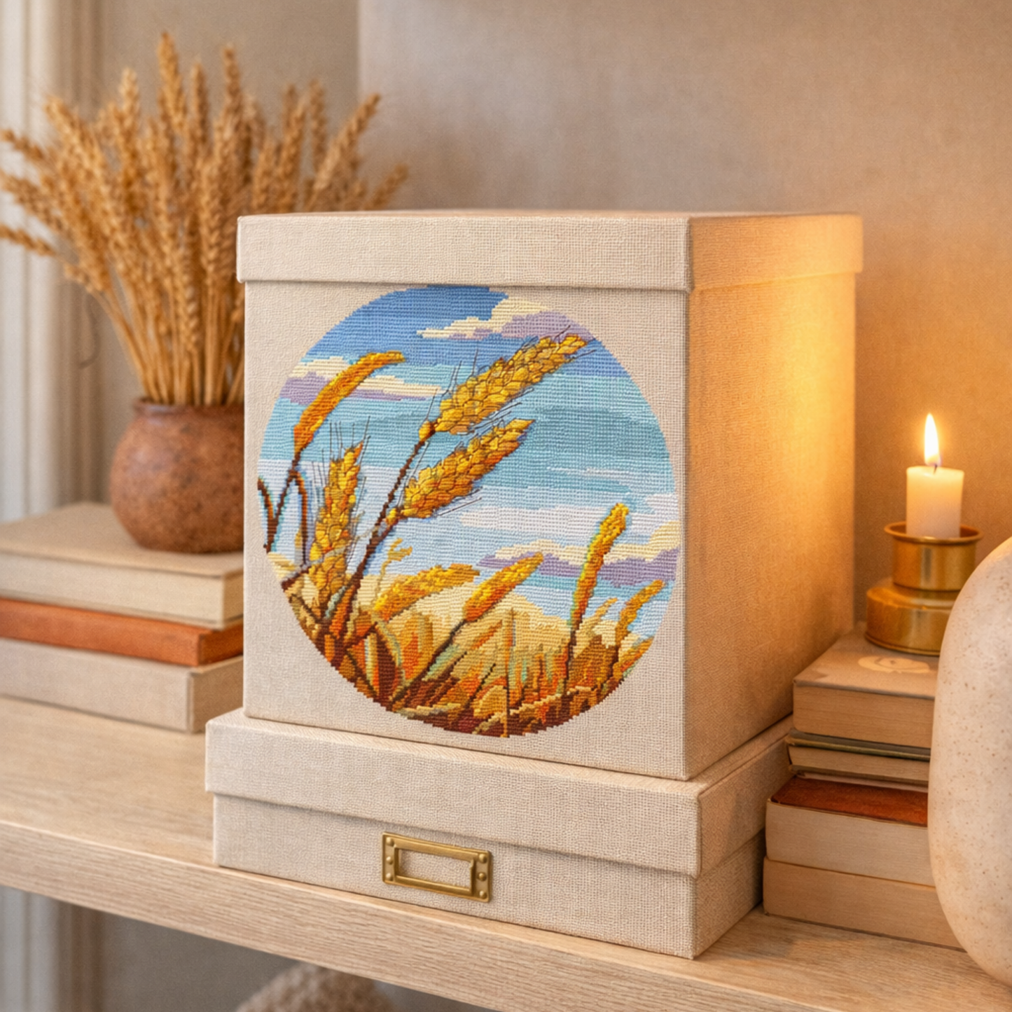 Cross stitch wheat landscape pattern displayed on fabric storage box, golden grain field embroidery design, rustic countryside needlework home decor inspiration.