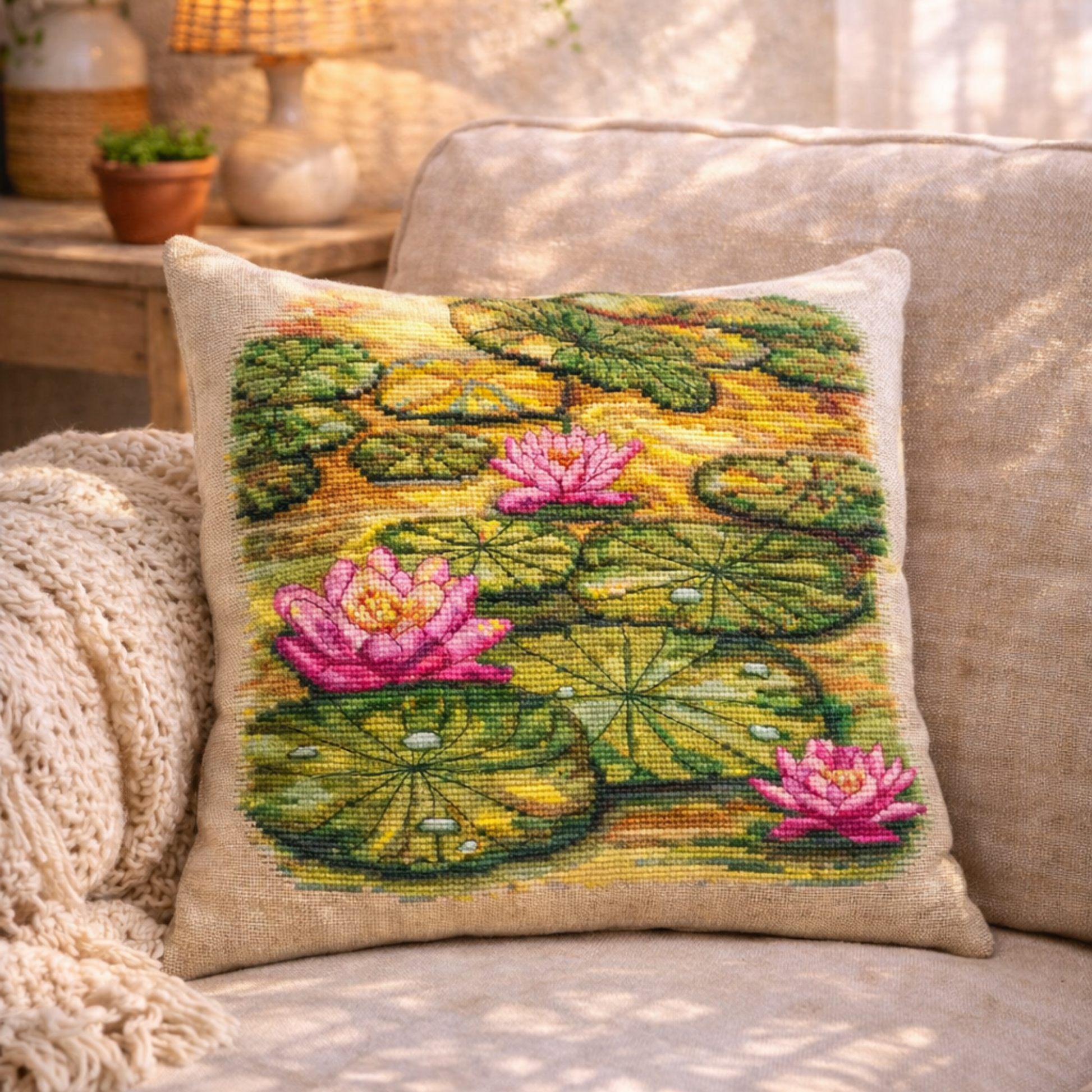 Decorative pillow with a cross-stitched design of water lilies on a couch.