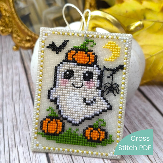 Cute Halloween ghost cross stitch pattern with pumpkins and spider, kawaii spooky embroidery PDF, instant download