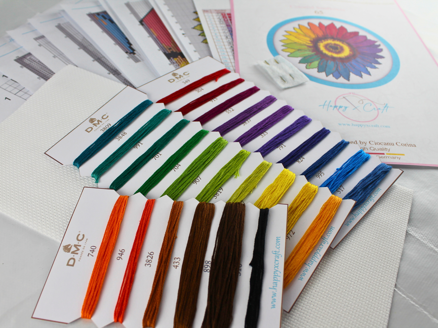 Close-up of DMC embroidery threads included in sunflower cross stitch kit