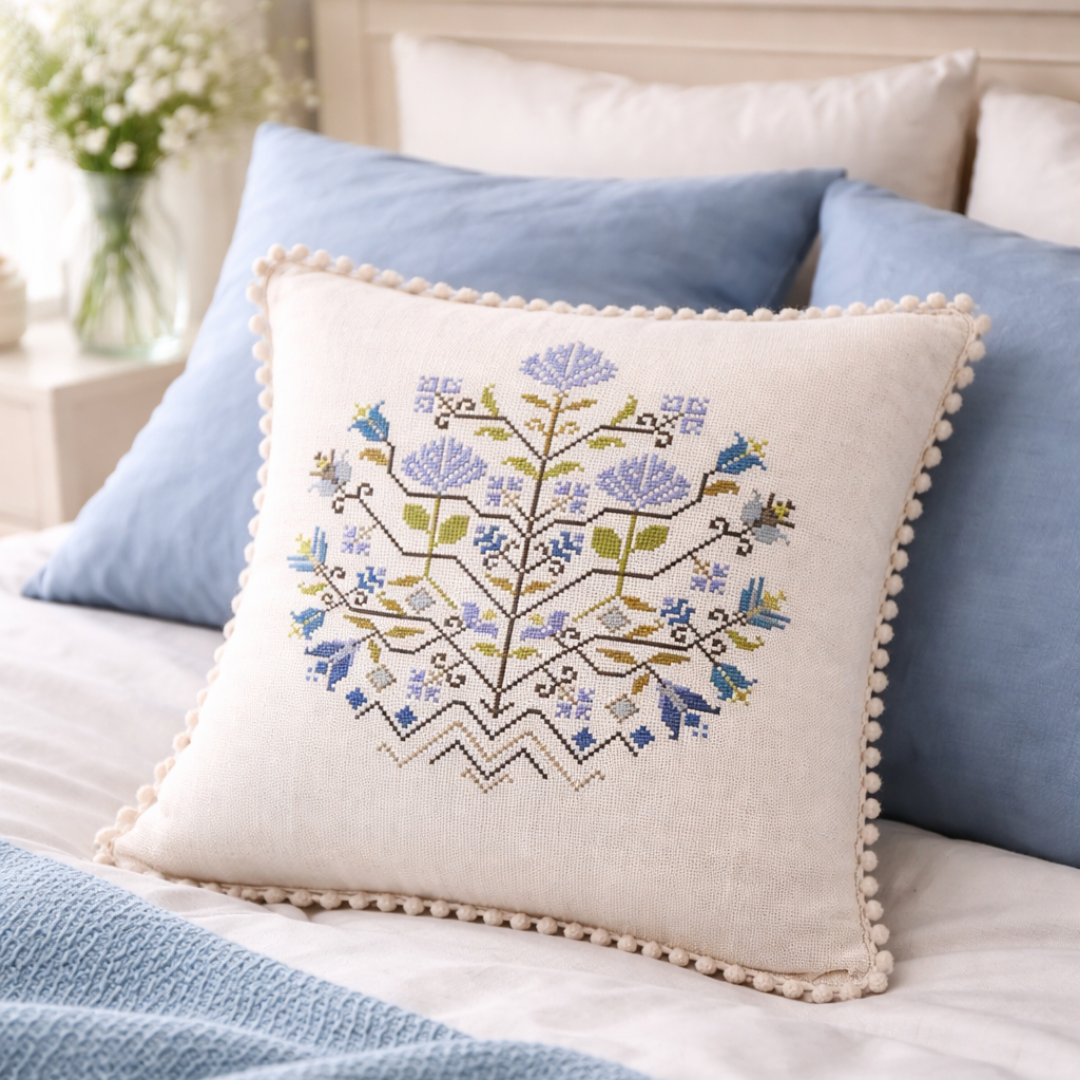 Decorative linen pillow with blue floral cross stitch embroidery, styled on a cozy bed with soft blue and white textiles.