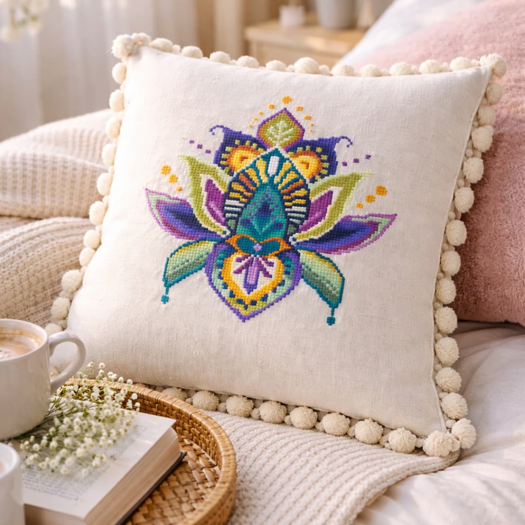 Decorative pillow featuring a colorful Folk lotus cross stitch design on natural linen fabric, modern handmade textile decor.