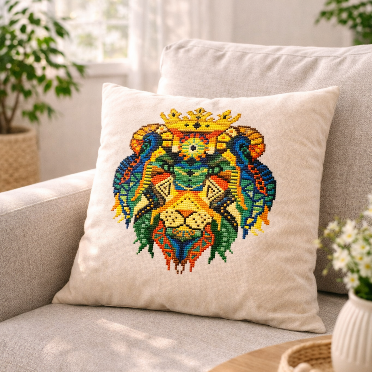 Decorative pillow featuring colorful Lion King cross stitch embroidery, crowned lion geometric design stitched on neutral fabric, handmade home decor example from embroidery kit.