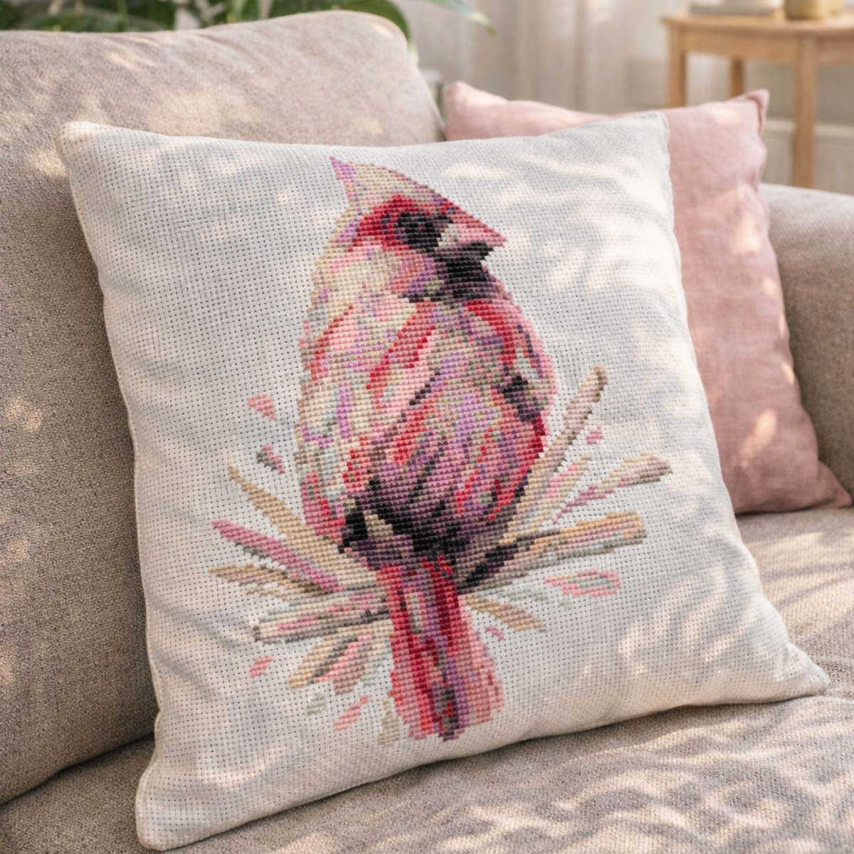 Decorative pillow featuring finished female cardinal counted cross stitch pattern, realistic pink bird embroidery home decor inspiration.