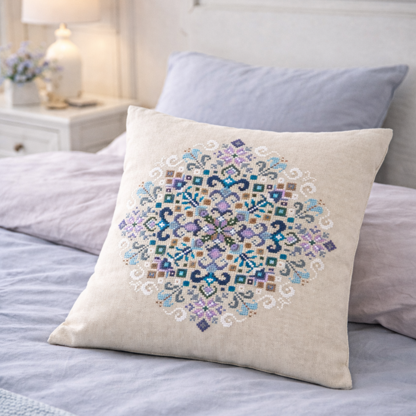 Decorative pillow with blue and white geometric cross stitch mandala, elegant folk embroidery accent for bedroom decor