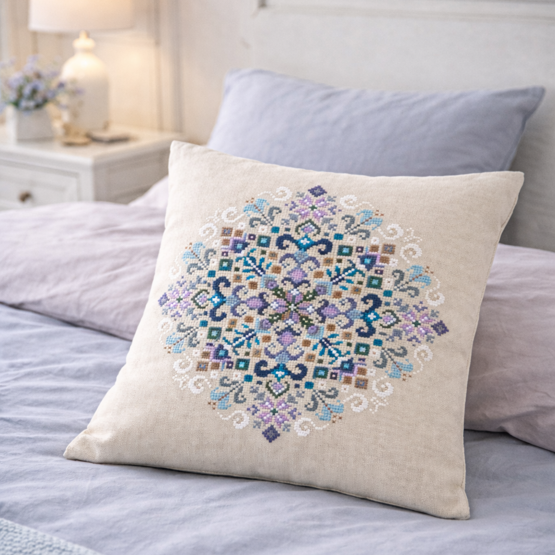 Decorative pillow with blue and white geometric cross stitch mandala, elegant folk embroidery accent for bedroom decor