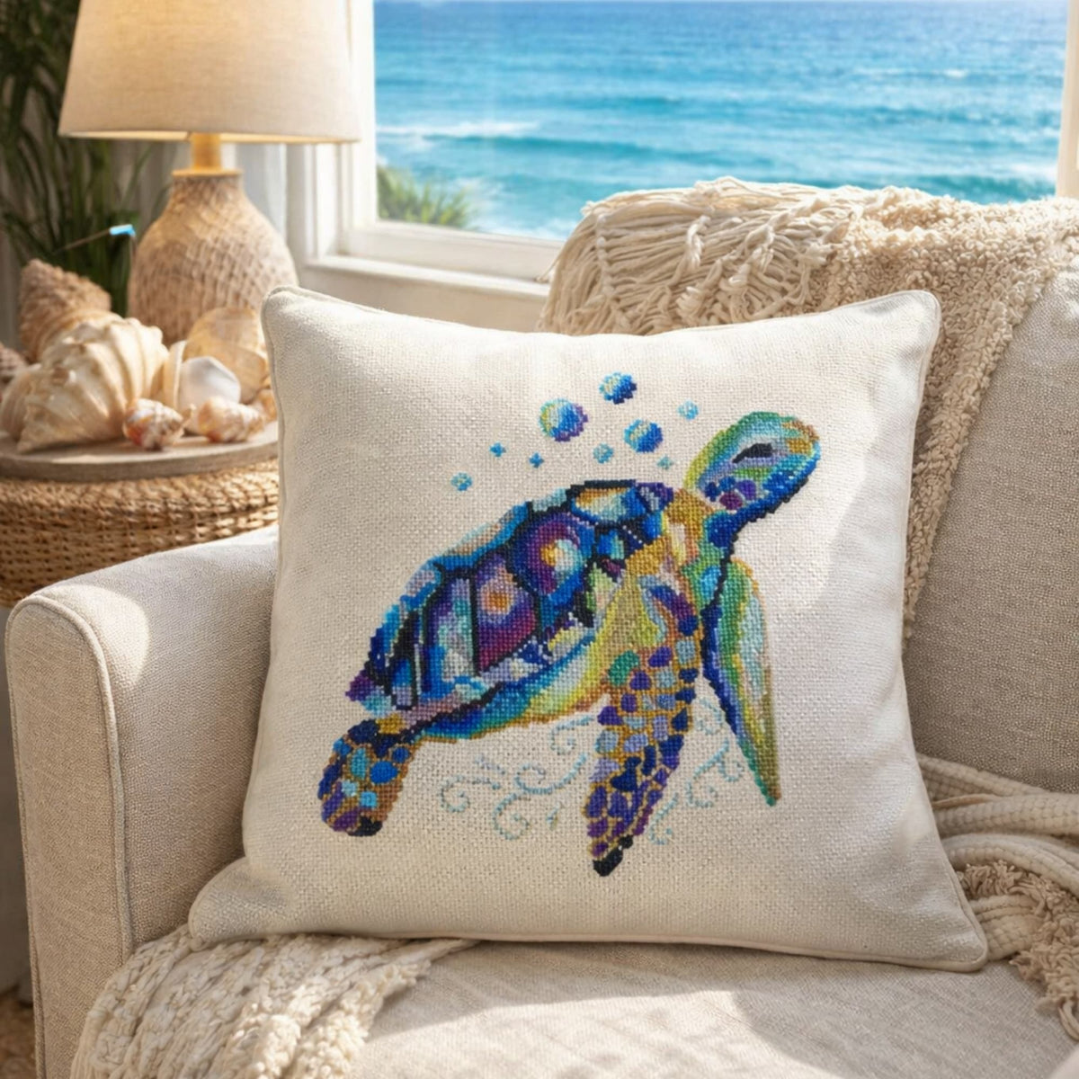 Decorative pillow with sea turtle cross stitch embroidery in coastal living room setting