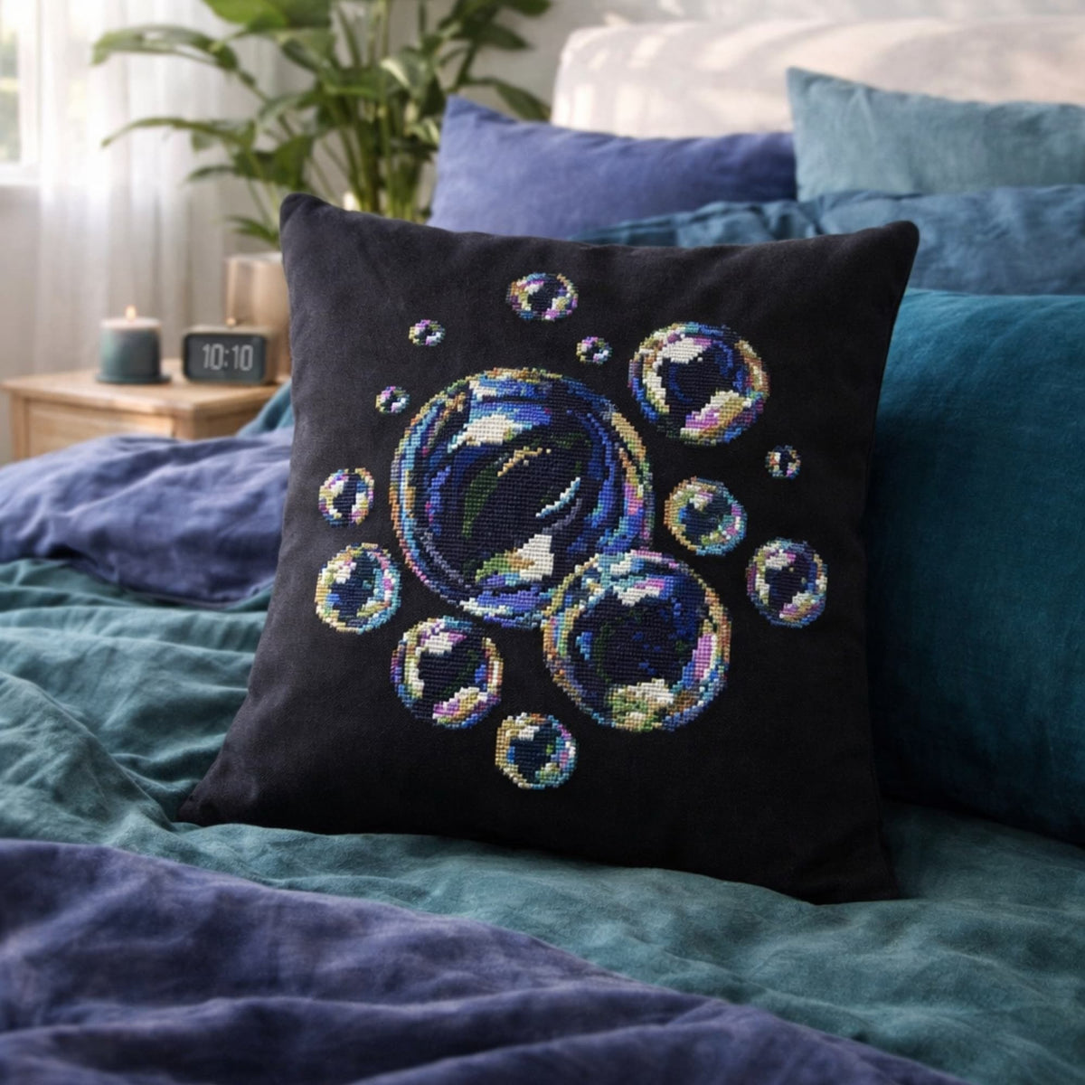 Decorative pillow with soap bubbles cross stitch design, iridescent bubbles on black background, modern cross stitch pattern PDF