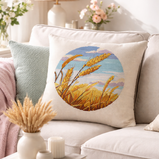 Decorative pillow with wheat field cross stitch embroidery, golden grain landscape needlework pattern, rustic farmhouse style handmade home decor.