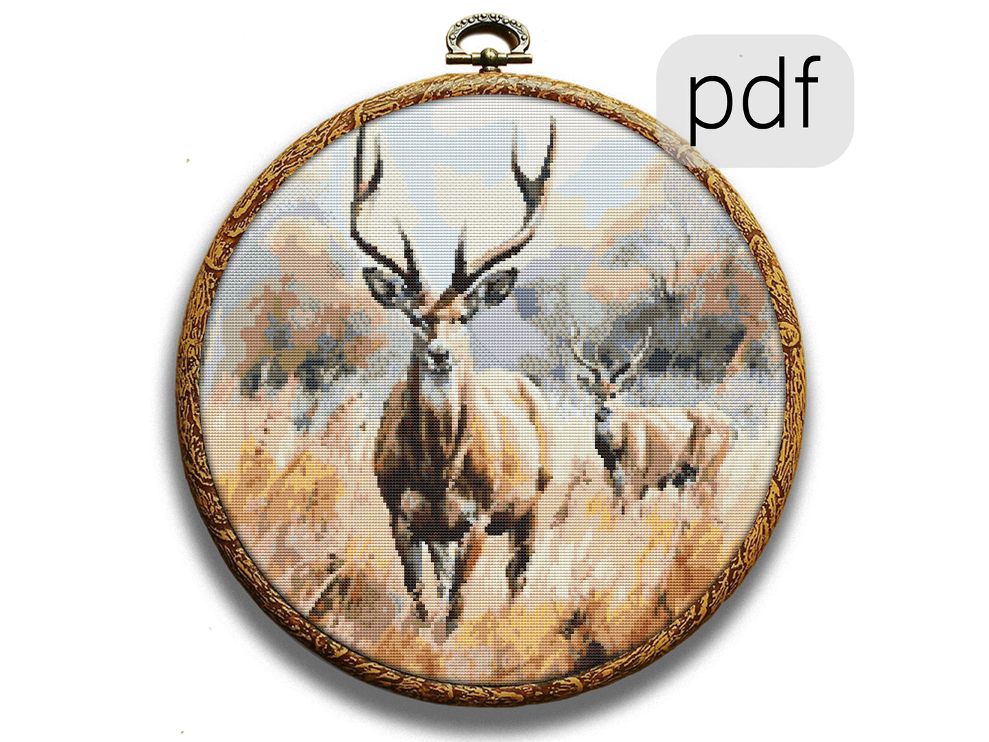 deer in Savanna cross stitch hoop