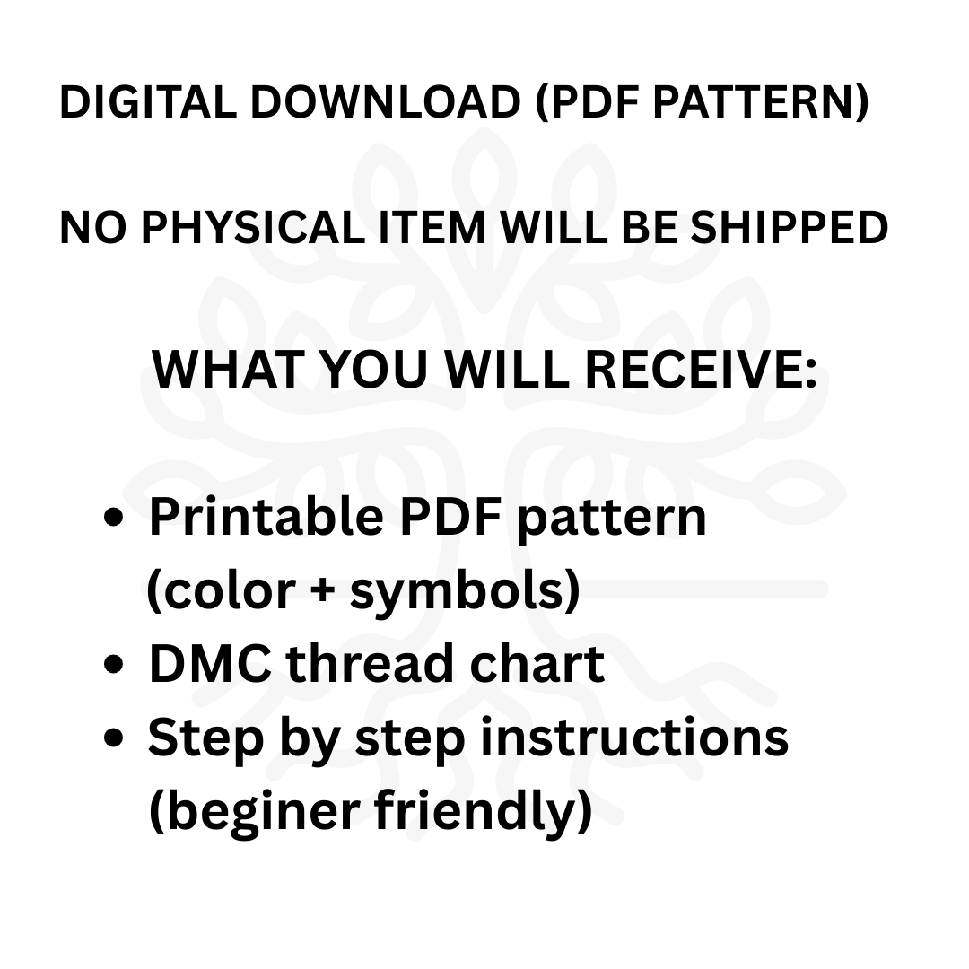 Text describing a digital download package with PDF pattern, DMC thread chart, and step-by-step instructions.