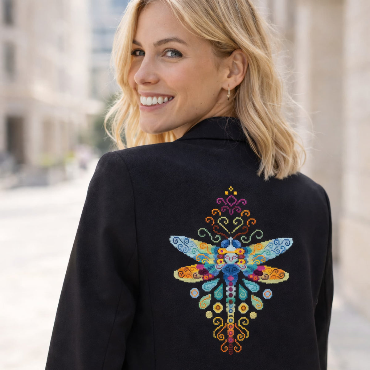 Dragonfly cross stitch kit design embroidered on black jacket, colorful folk insect DIY embroidery project