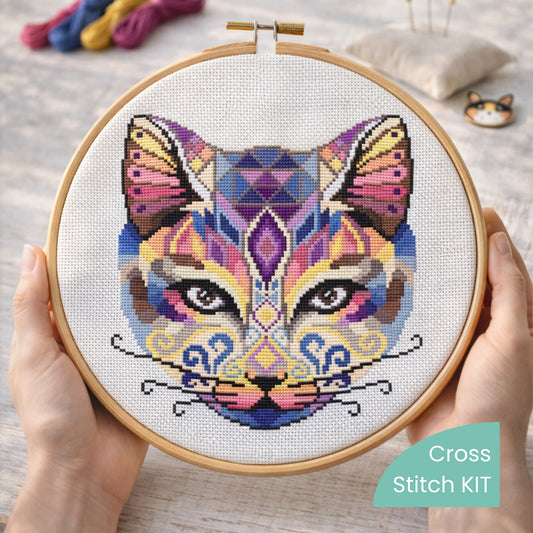 Egyptian cat cross stitch kit design shown in embroidery hoop, colorful modern cat DIY embroidery project