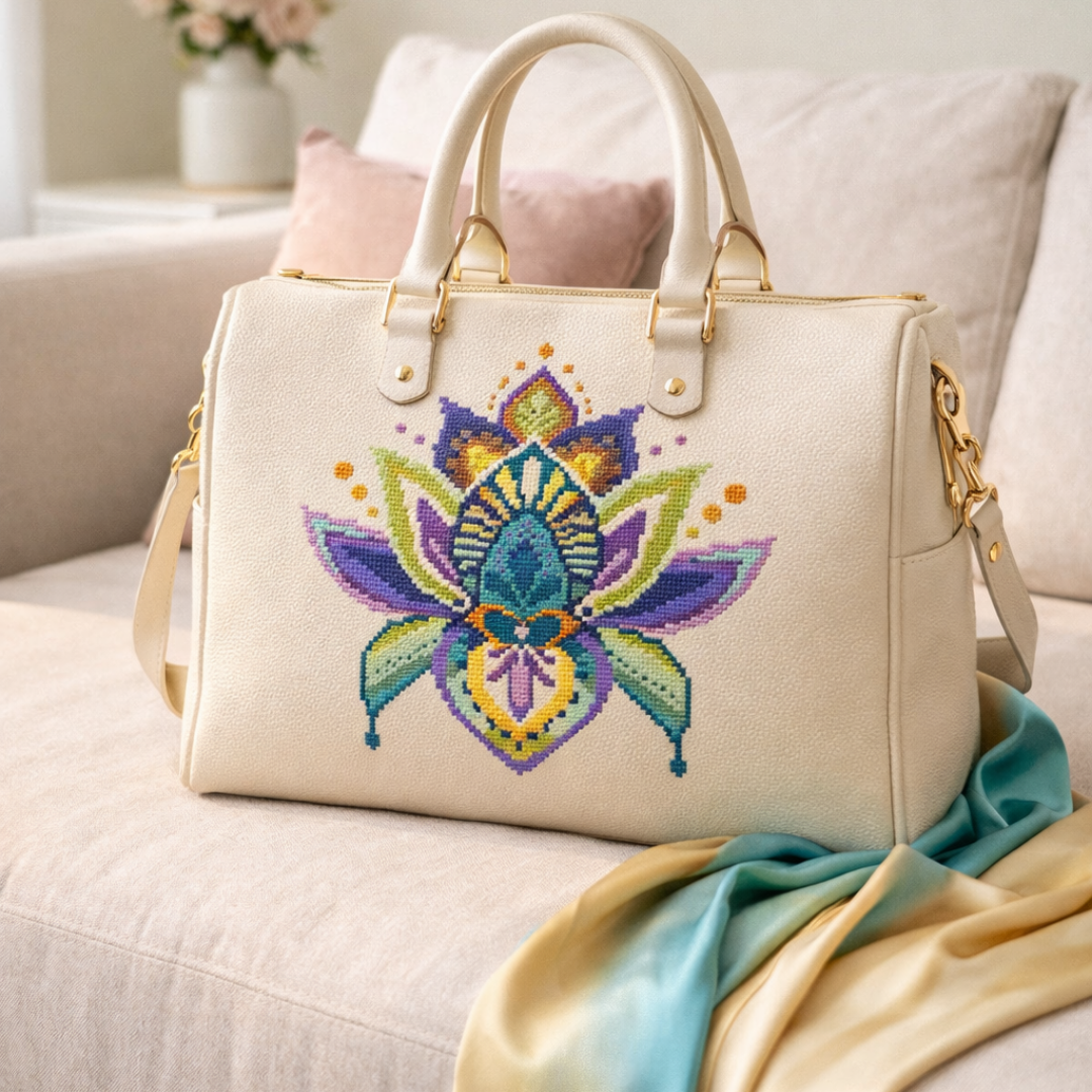 Elegant handbag featuring a colorful geometric floral cross stitch design, wearable textile art accessory.