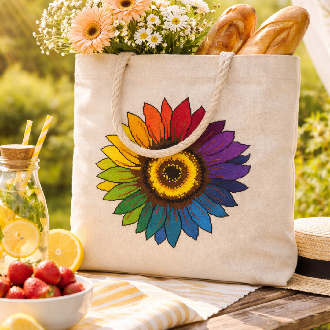 Embroidered sunflower tote bag with rainbow petals, colorful cross stitch pattern on fabric bag