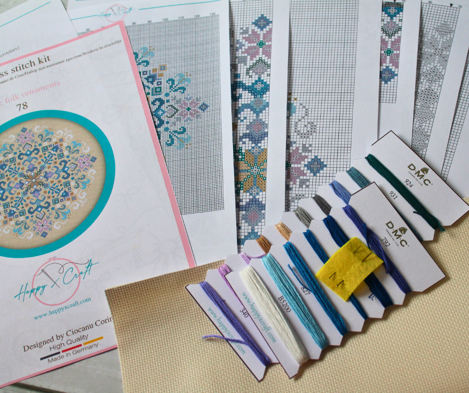 Embroidery kit with pattern sheets, threads, Fabric and needles for geometric blue levender mandala pattern 