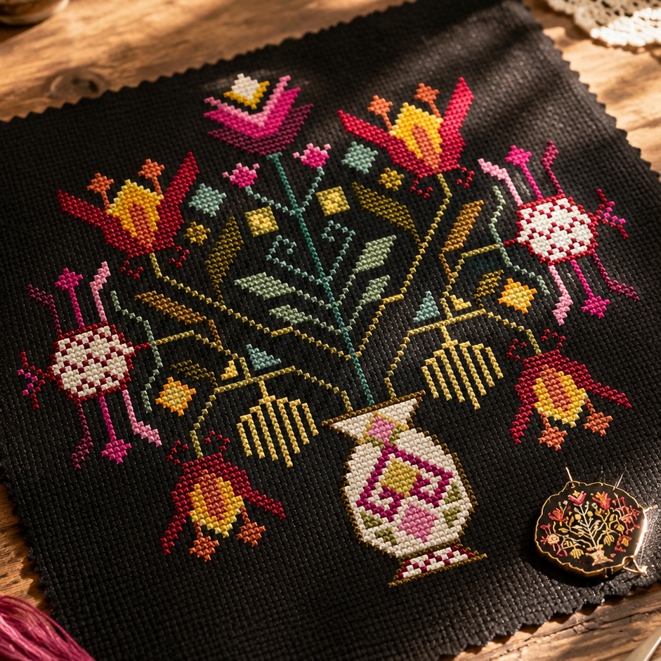 Embroidery with folk floral pattern on black fabric, surrounded by embroidery threads and scissors on a wooden surface.