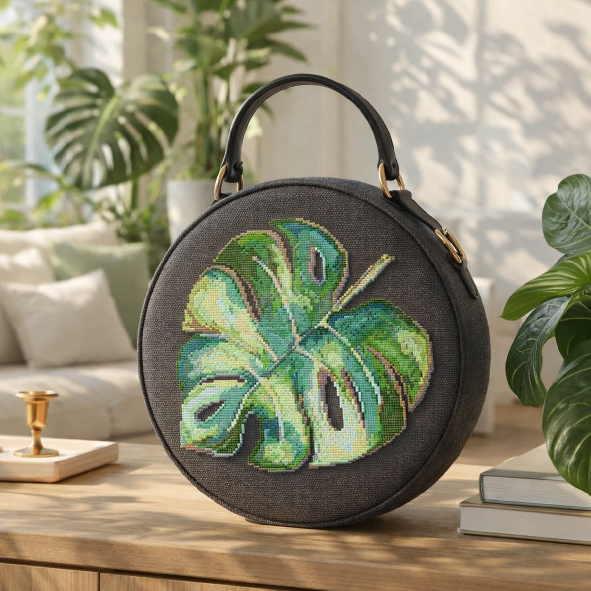 Monstera leaf cross stitch kit applied on round handbag, tropical plant embroidery design in modern style.