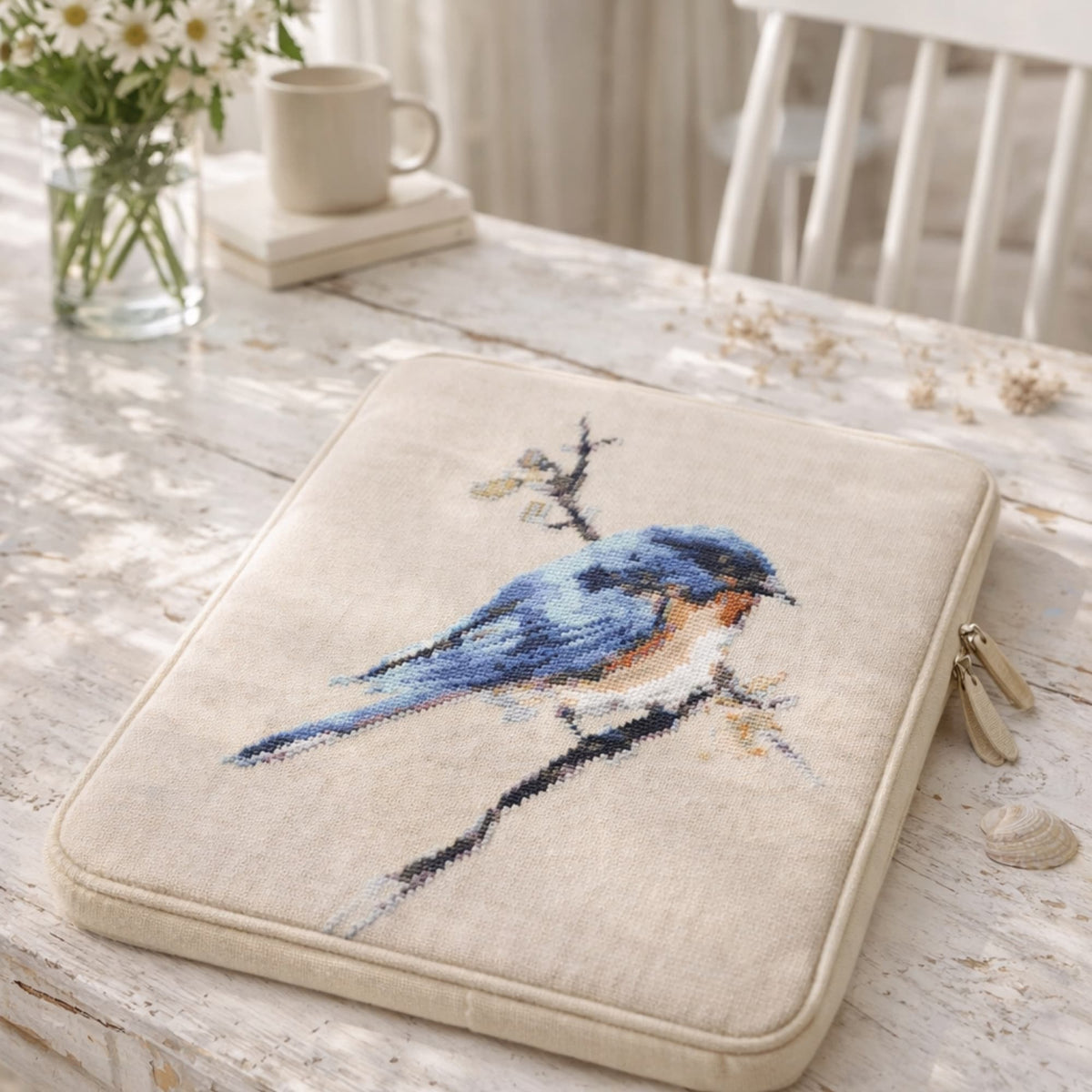 Finished blue bird cross stitch on a linen laptop sleeve, shown as an example of the completed design included in the kit.