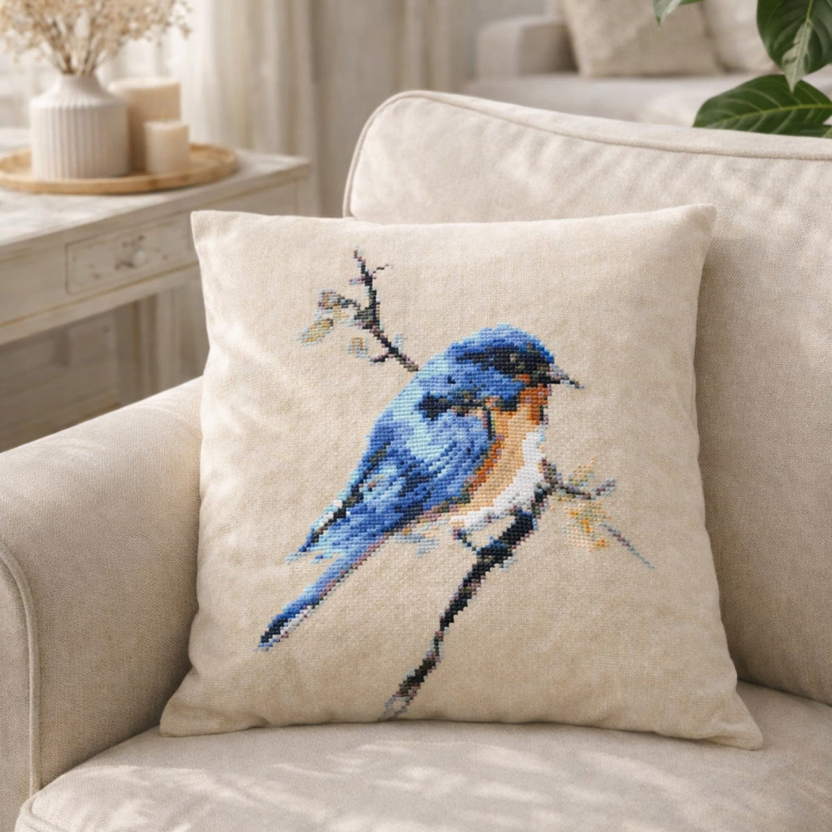 Finished blue bird cross stitch stitched on a decorative pillow, shown as an example of the completed design available as a kit.