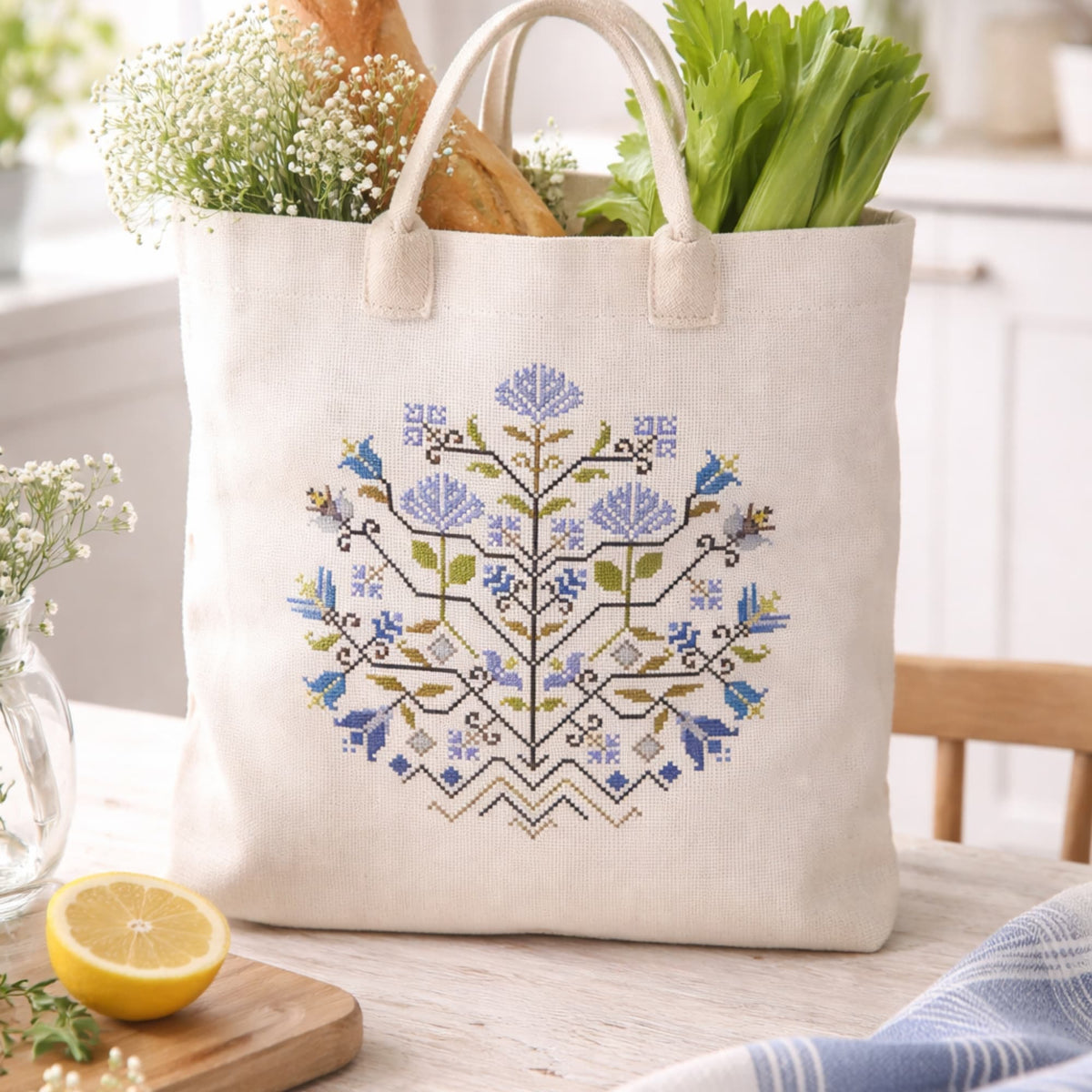 Finished embroidered tote bag featuring Blue Flowers Sampler folk floral design. Example of completed embroidery created using the complete cross stitch kit. Nature inspired counted cross stitch project.