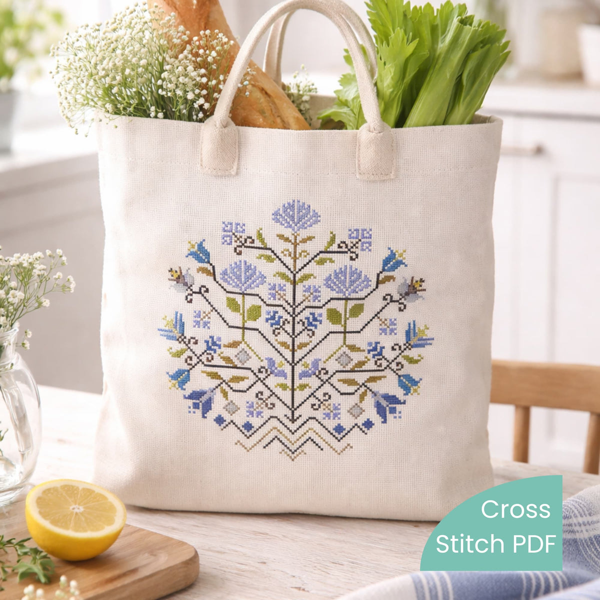 Finished embroidered tote bag featuring Blue Flowers Sampler folk floral design. Example of completed embroidery created using the cross stitch pattern PDF. Nature inspired counted cross stitch project.