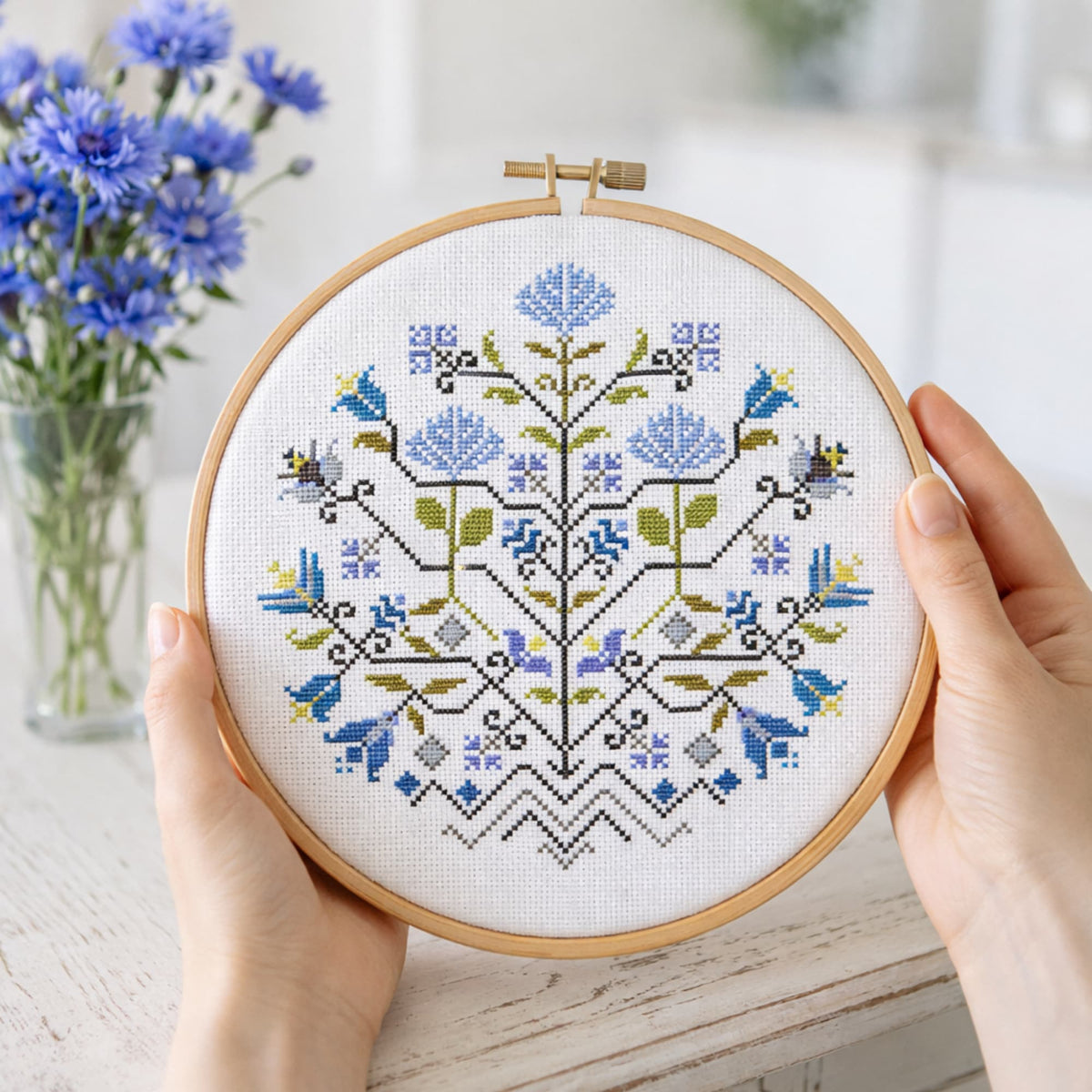 Finished embroidery hoop featuring Blue Flowers Sampler cross stitch design. Example of completed project stitched using the cross stitch pattern PDF. Traditional floral counted cross stitch artwork.