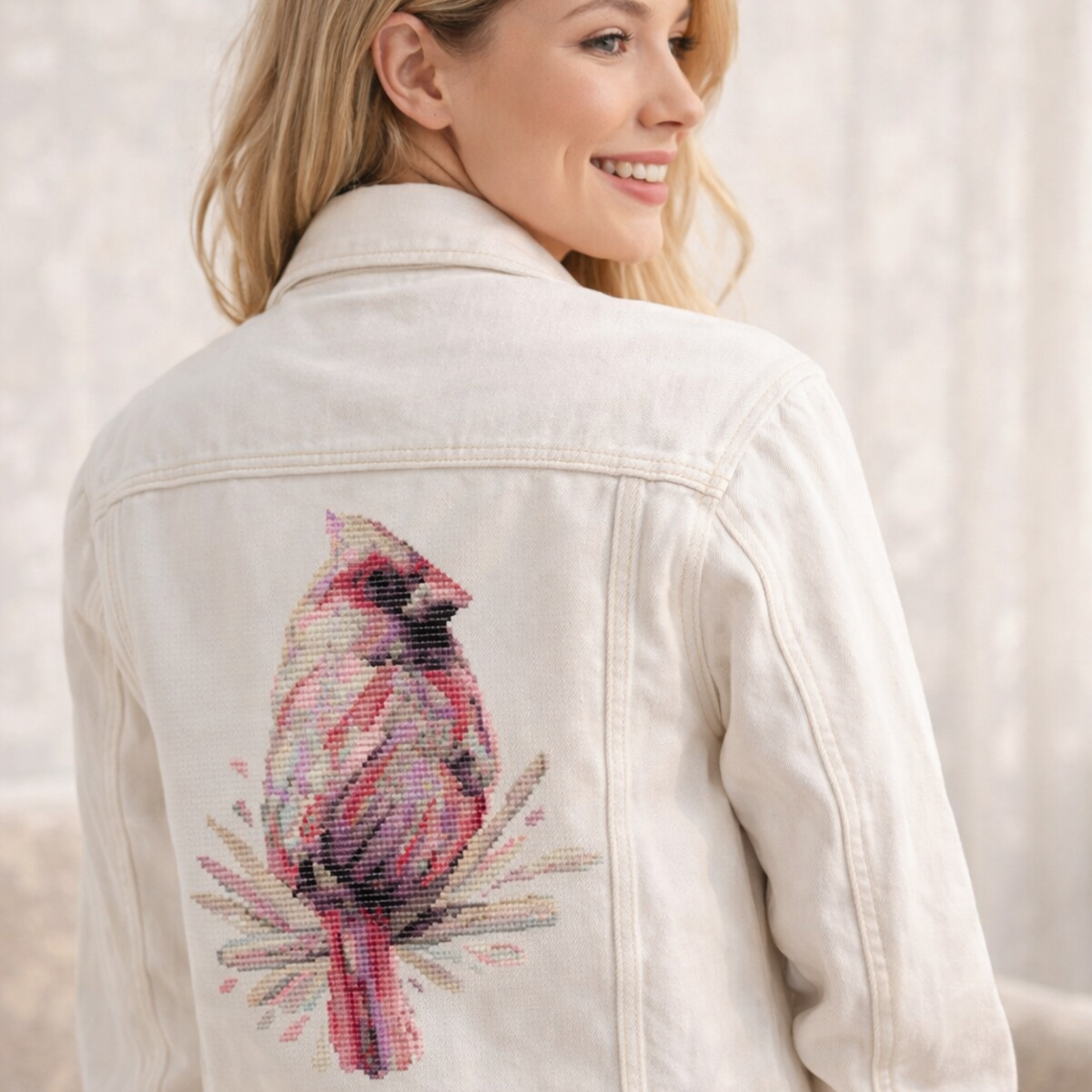 Finished female cardinal counted cross stitch pattern stitched on jacket back, showing wearable embroidery result from downloadable chart.