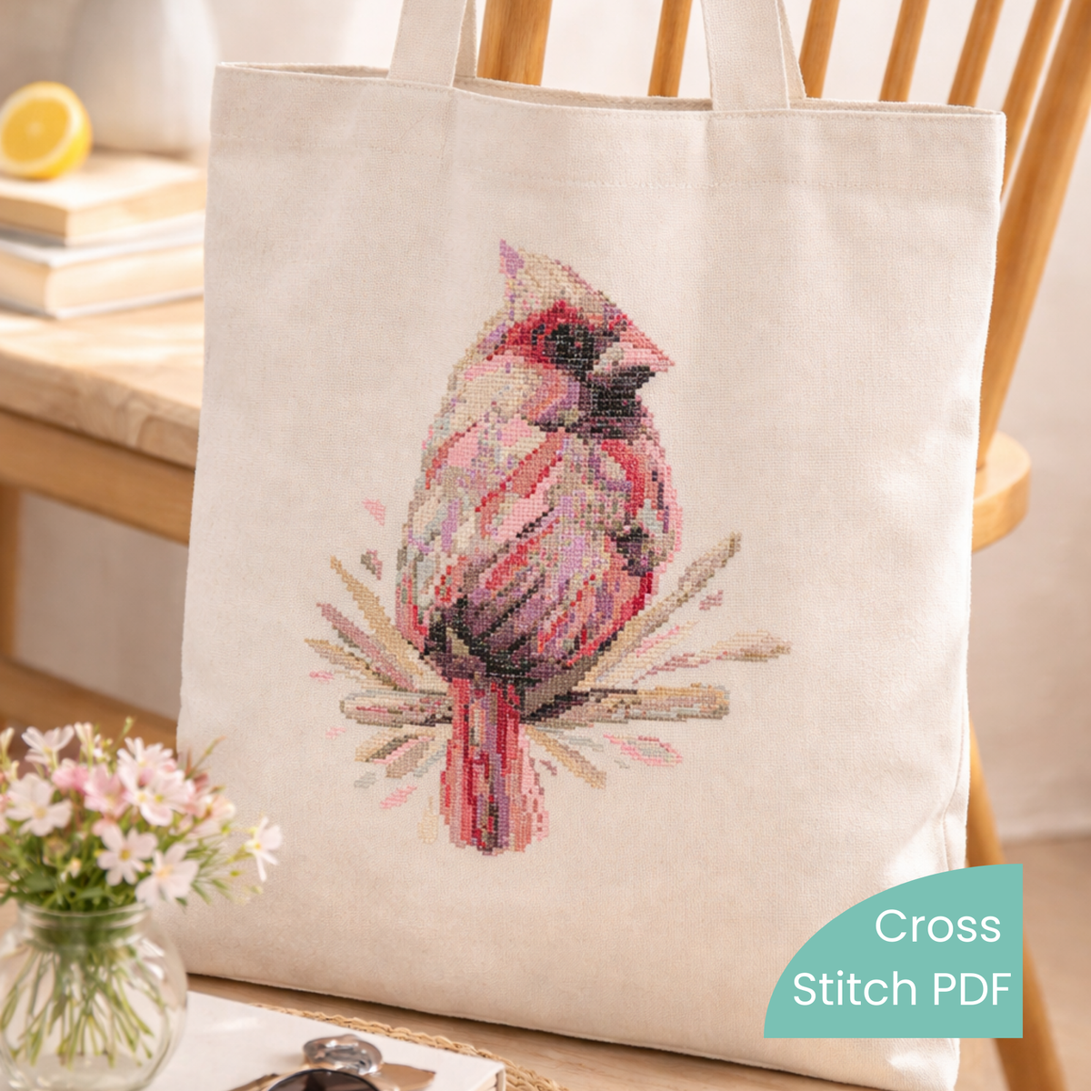 Finished female cardinal counted cross stitch pattern stitched on tote bag, soft pink bird embroidery example showing final PDF chart result.