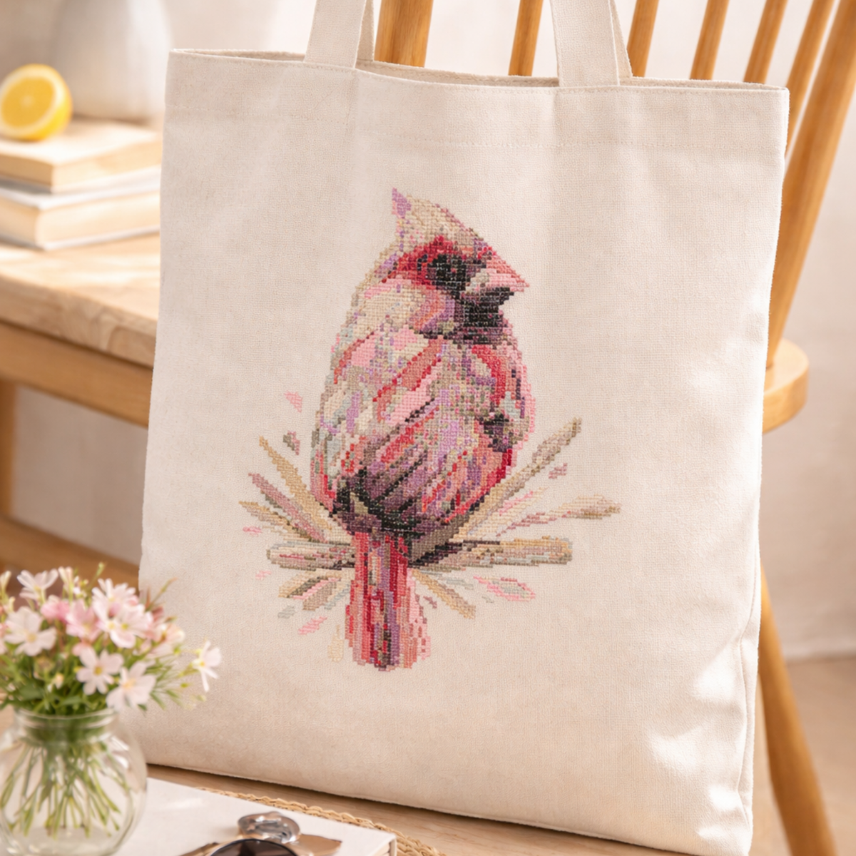Finished female cardinal cross stitch kit example stitched on cotton tote bag, showing completed embroidery using included materials.