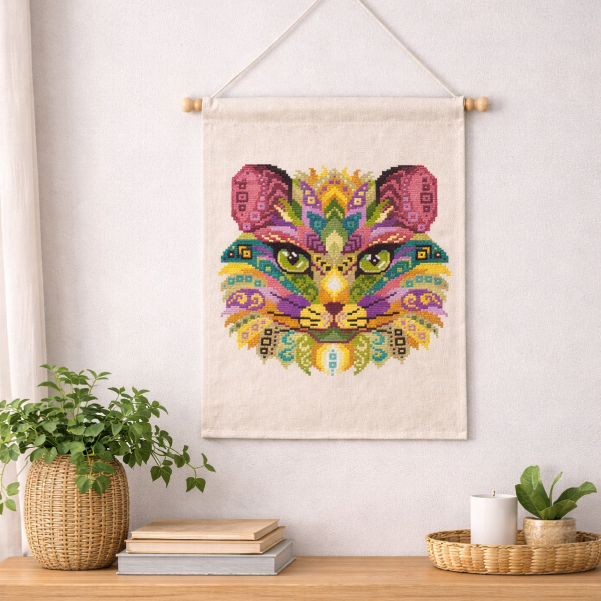 Finished folk cat embroidery wall hanging textile decor created using complete counted cross stitch kit with threads and fabric included.