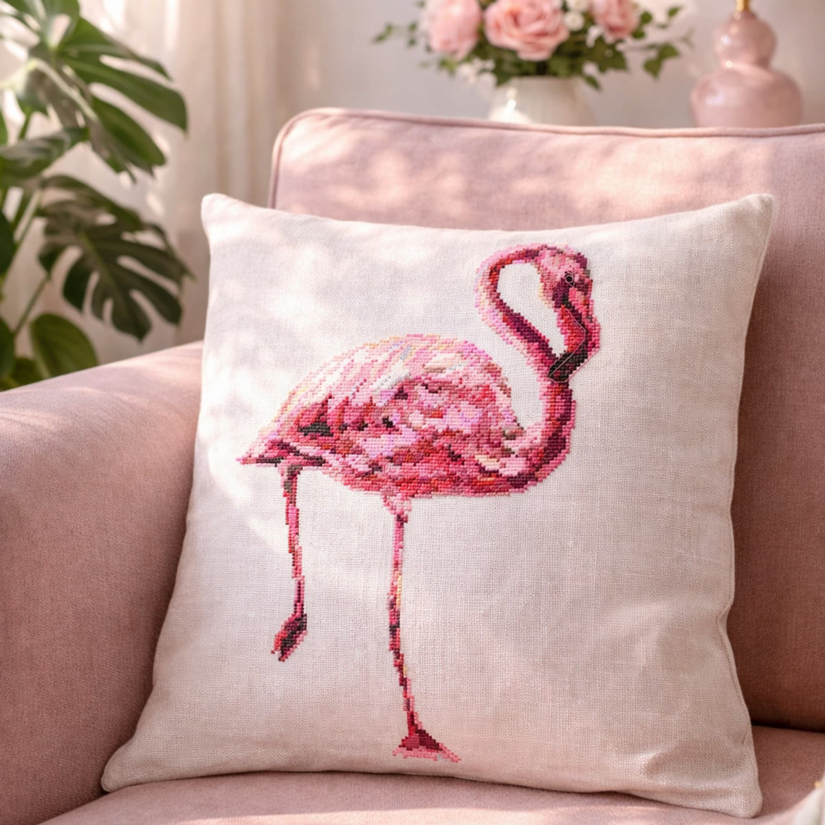 Flamingo Cross Stitch Pattern PDF displayed on decorative pillow with pink flamingo embroidery, tropical bird counted cross stitch pattern.