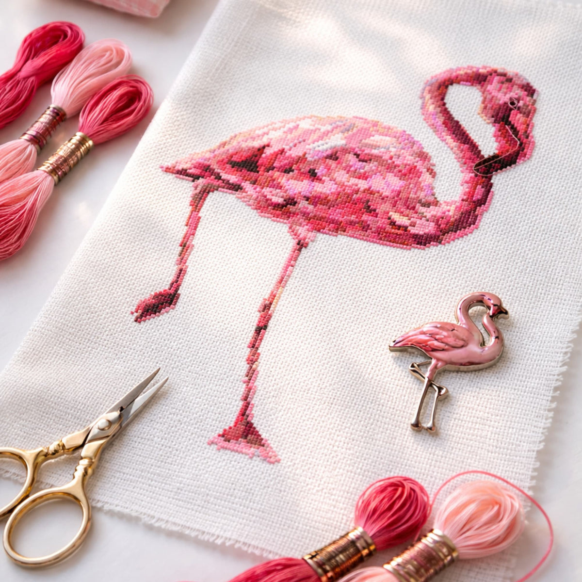 Flamingo Cross Stitch Pattern PDF stitched on fabric with embroidery floss, scissors and pin cushion, tropical flamingo counted cross stitch design.
