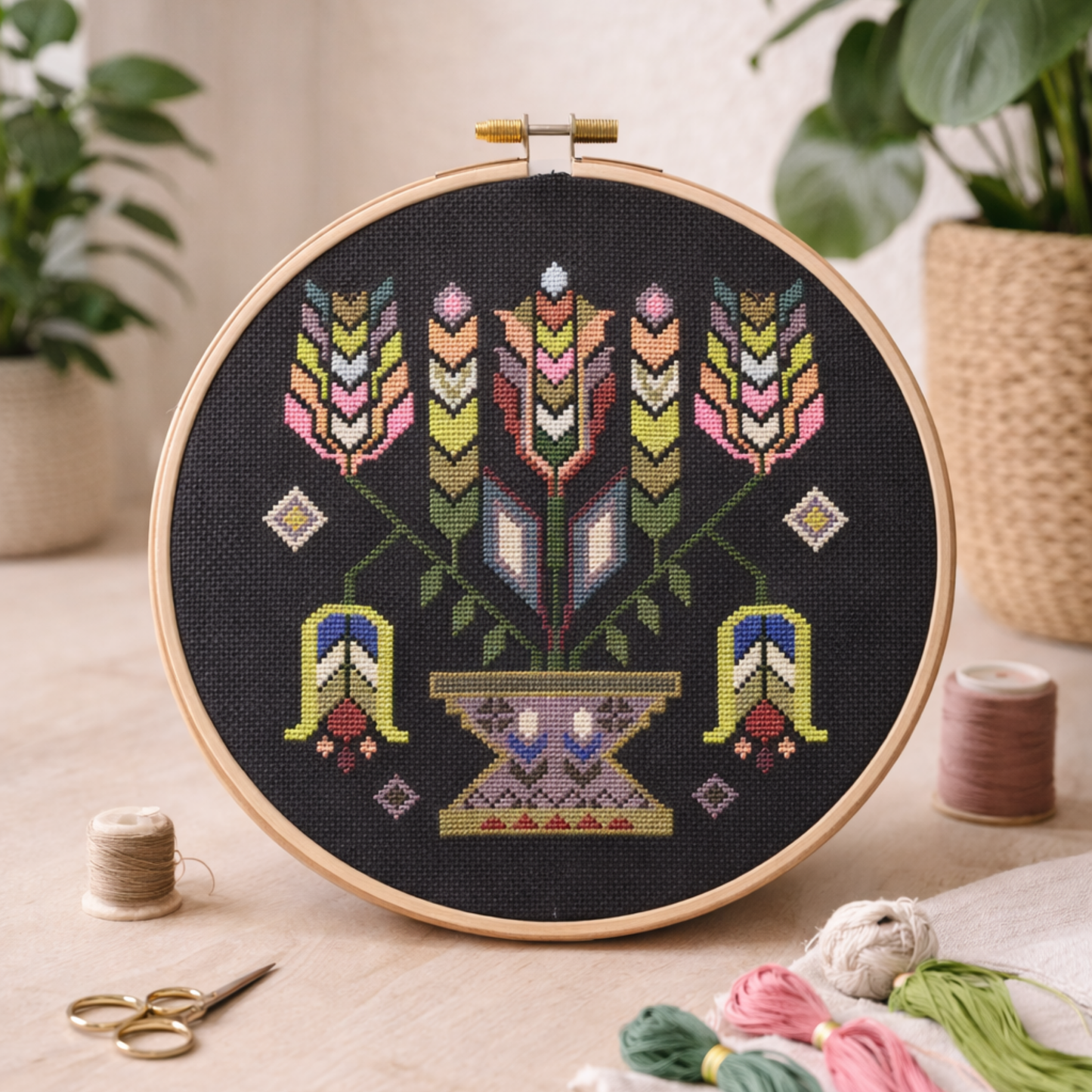 Folk Tree of Life cross stitch pattern displayed in embroidery hoop with threads and scissors, traditional Moldavian embroidery design