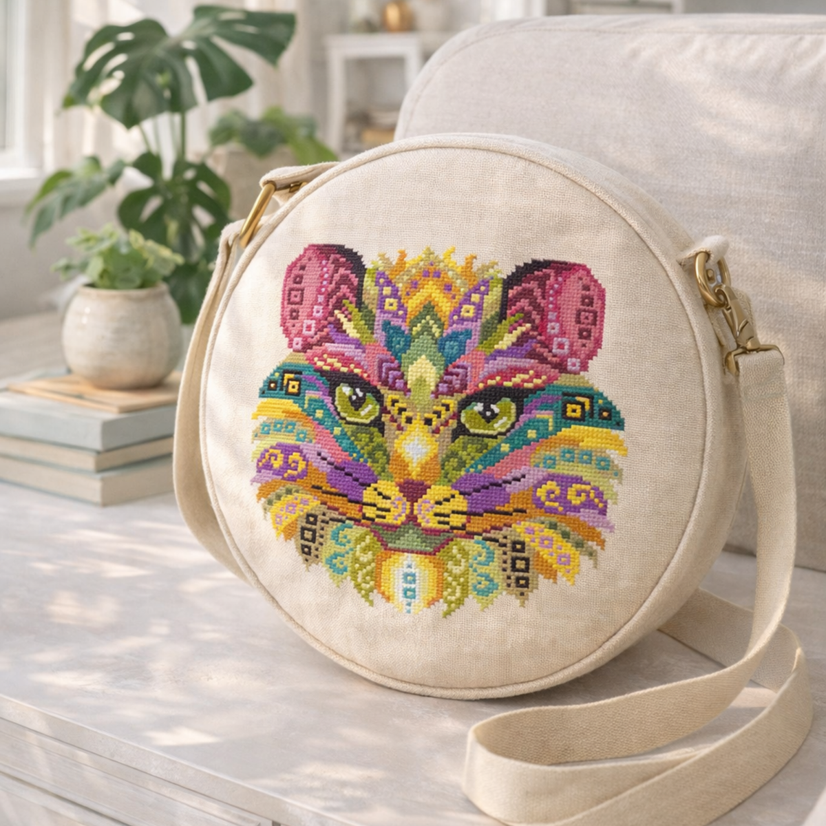Folk cat embroidery stitched on round fabric bag, colorful counted cross stitch design created using full embroidery kit materials.
