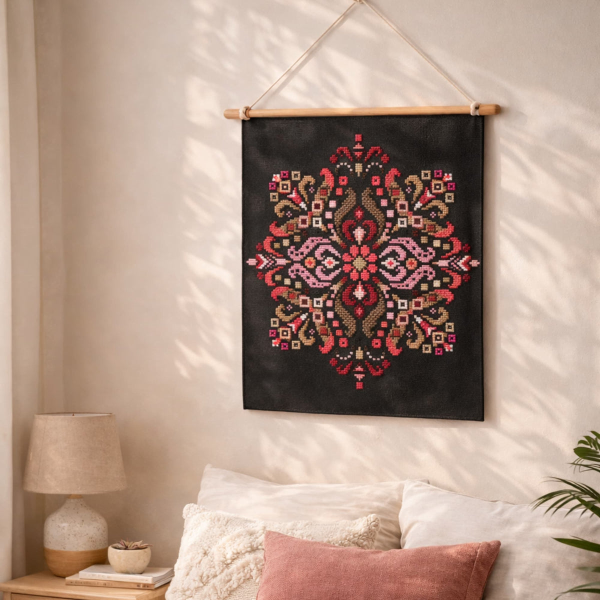 Folk mandala cross stitch kit displayed as decorative wall hanging, traditional symmetrical embroidery DIY kit