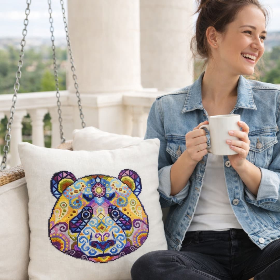 Folk modern panda counted cross stitch kit displayed on decorative pillow with colorful mandala animal embroidery design.