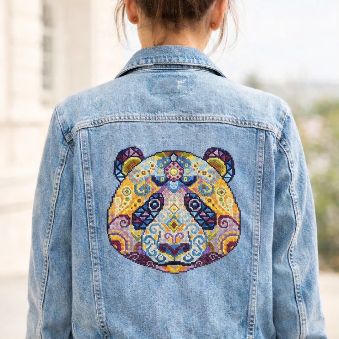 Folk modern panda counted cross stitch kit featured on denim jacket back with vibrant folk animal embroidery design.