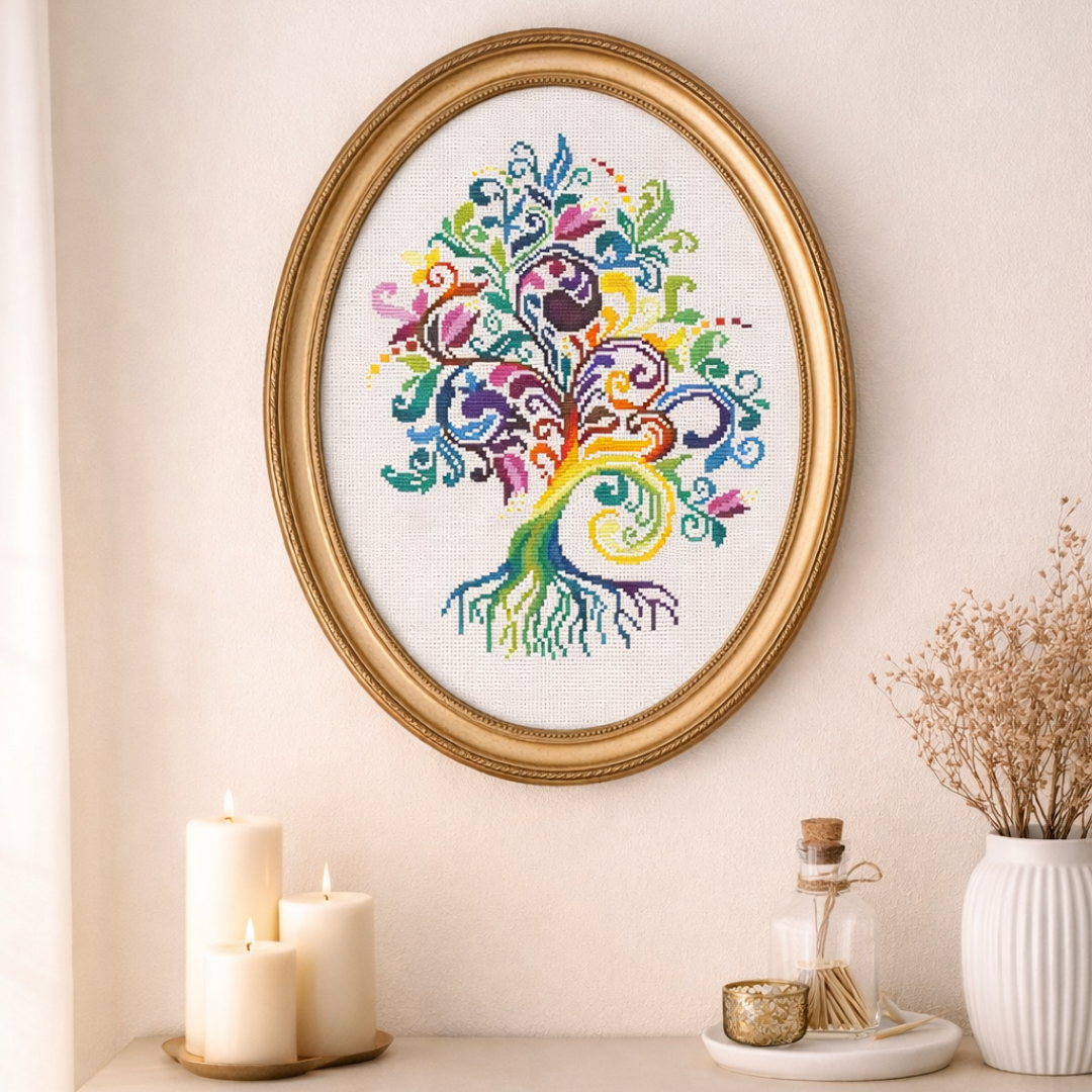Framed Tree of Life cross stitch wall art with colorful folk embroidery, handmade textile decor for living room