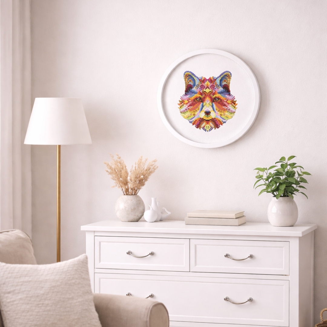 Framed fox cross stitch wall art displayed in a modern minimalist interior, handmade embroidery decor