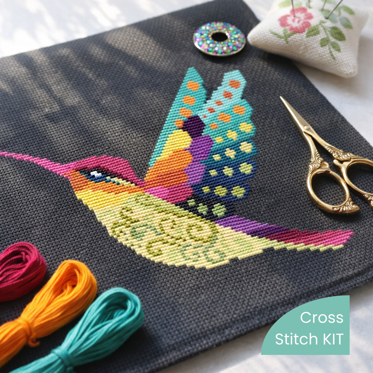 Framed hummingbird cross stitch from embroidery kit, modern bird counted cross stitch set with premium materials included.