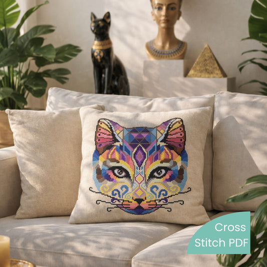 Egyptian cat cross stitch pattern PDF displayed on decorative pillow in living room interior, colorful modern cat embroidery design
