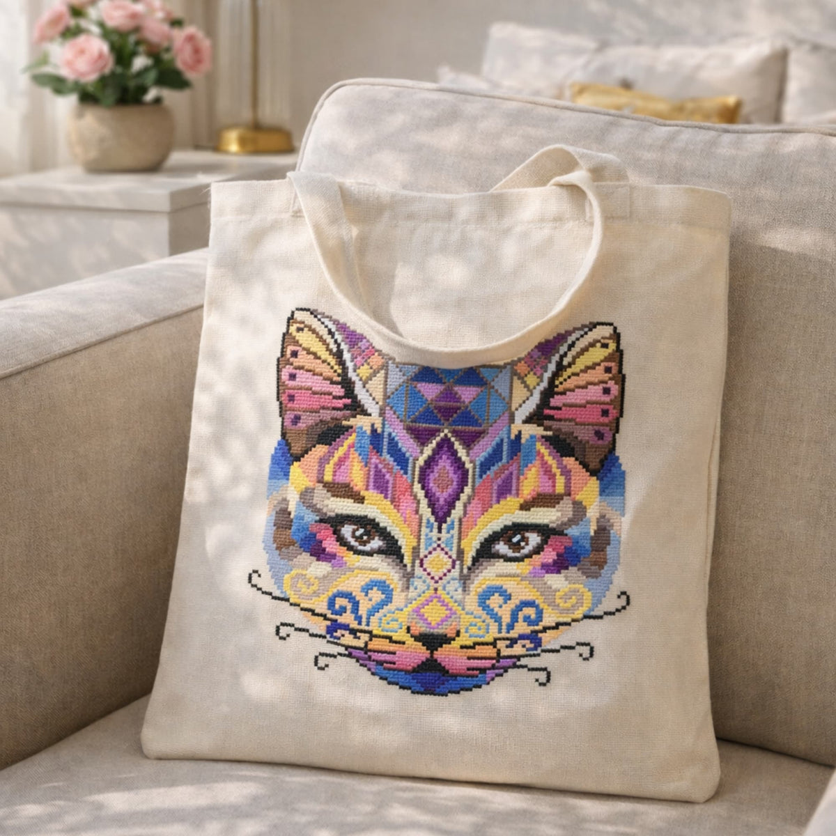 Geometric cat cross stitch pattern PDF displayed on natural canvas tote bag, colorful modern cat embroidery design digital download